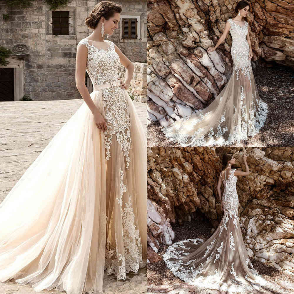 

Ivory Appliques Light Champagne Tulle See Through Skirt Mermaid Wedding Dress Removable Chapel Train China, White