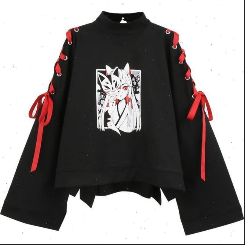 

bandage japanese vintage harajuku anime womens hoodie fox print lace up long sleeve shirts dark girl punk street sweatshirt, Black