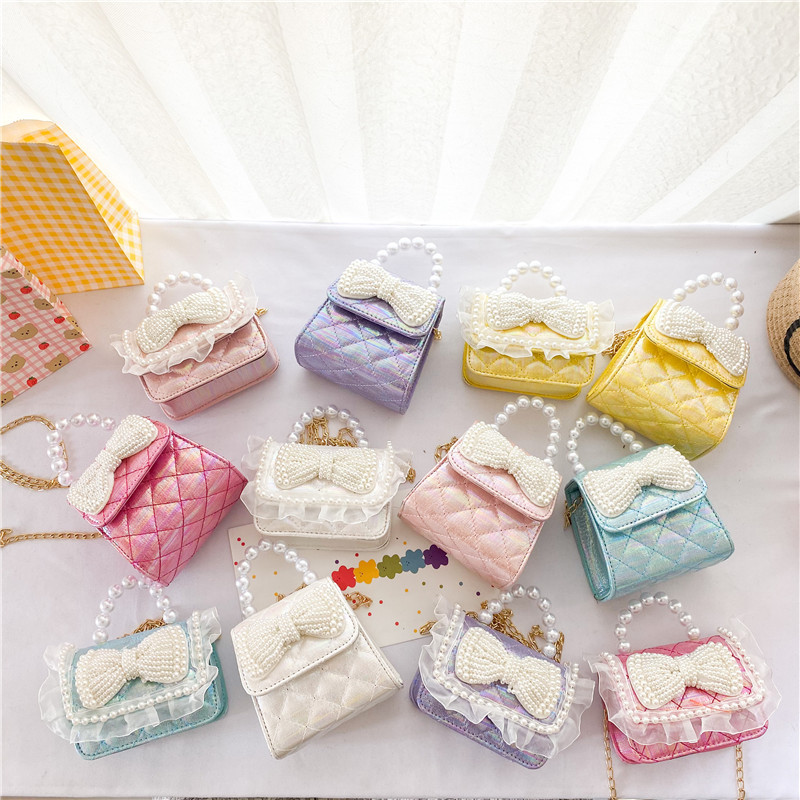 

2021 girls lace bowknot handbags fashion sweet kids pearl small square bag children bows accessory chain one shoulder bags F319, Mix colors random-1