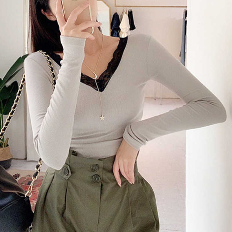 

WOMENGAGA Korea Spring Summer Tops Temperament Lace V-Neck Long Sleeve T-shirt Basic Slim Sexy Bottom Tshirt EQE0 210603, As shown