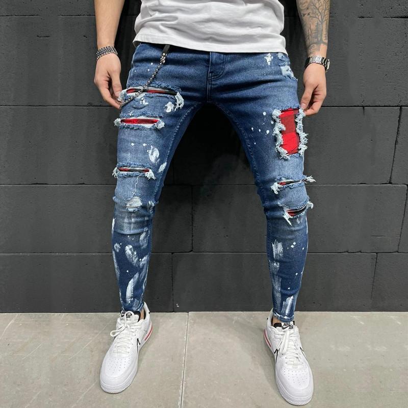 

Male Clothing Men's Skinny Jeans Ripped Hole Red Patchwork Design Pencil Denim Trousers Slim Patch Plaid Pants Trend Vintage Men, Blue