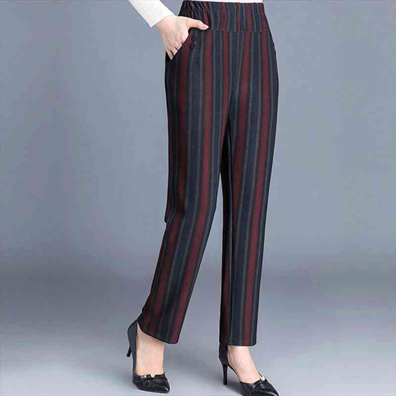 

spring autumn women pants stripe high waist elastic straight pants loose formal elegant office lady trousers plus size 6xl, Black;white