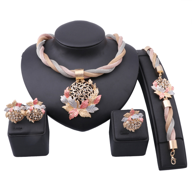 

African Dubai Gold Color Leaves Crystal Necklace Earrings Ring Bracelet Jewelry Sets For Women Bridal Party Set, Black