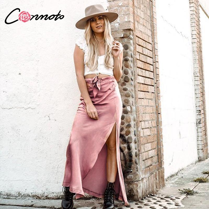 

Skirts Conmoto Women Pink Satin Long Skirt 2021 Summer Lace Up High Split Female Casual Waist Beach Holiday Party