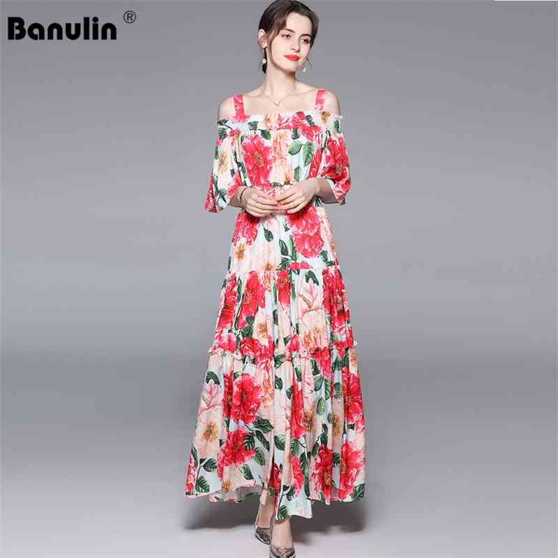 

Banulin Summer Designer Elegant Maxi Dress Women' Off Shoulder elastic Waist Floral Print Boho holiday Party Long 210603, Pink
