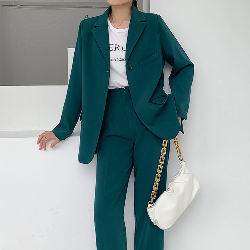 

ZAWFL Elegant 2 Pieces Set Women Pant Suits Single Button Jacket & High Waist Loose Pants Autumn Stylish Blazer Suit 210525, Picture color