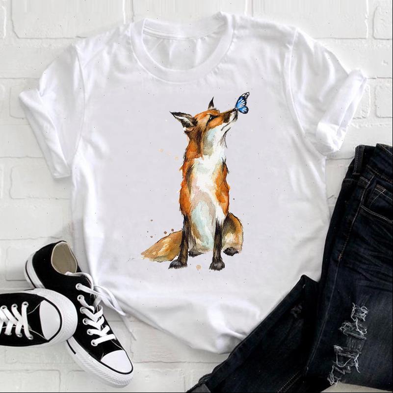 

women womens short sleeve korean style fox printing clothing trend animal clothes ladies graphic print tee tshirt female, White
