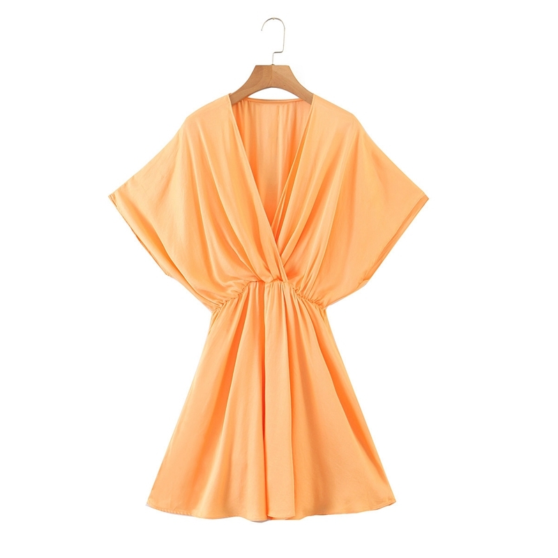 

Fashion Elegant Flare Sleeve Satin Dress Women V neck High Waist Loose A-line Beach Vacation XZ2506 210525, Orange