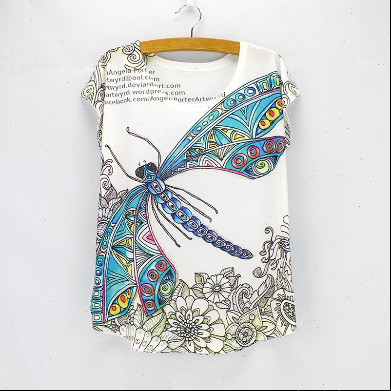 

vintage womens t shirt dragonfly printed tees women summer fashion designer shirts girls wholesale free, White
