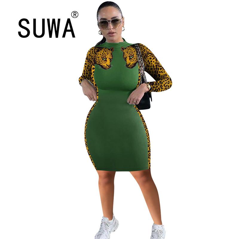 

Side Animal Print Women Dresses Fashion O Neck Long Sleeve Pullover Sweat Retro Top Bodycon Lady Wholesale Casual, Black;gray