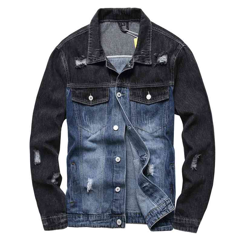 

Denim men' jacket with holes shirt denim coat, Blue and black