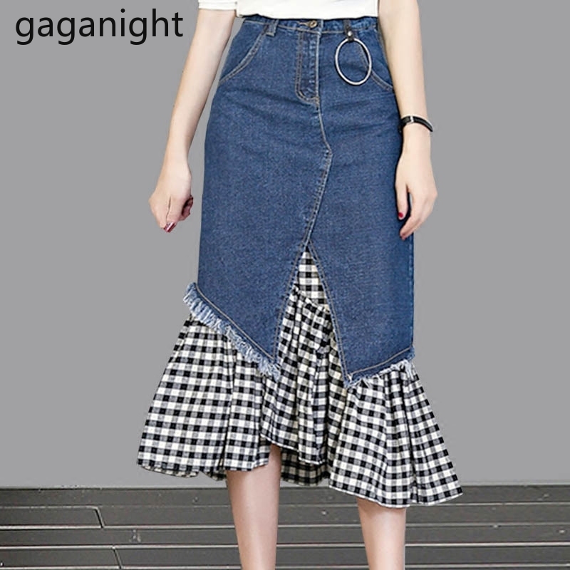 

Gaganight Fashion Women Skirt High Waist Plus Size Faldas Jeans Patchwork Plaid A Line Lady Elegant Long Skirts Casual Ruffles 210519, Dark blue