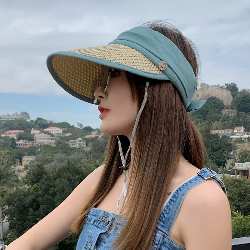 

Quality women's Korean open top summer travel Beach Hat woven tide sun protection straw hat, Blue