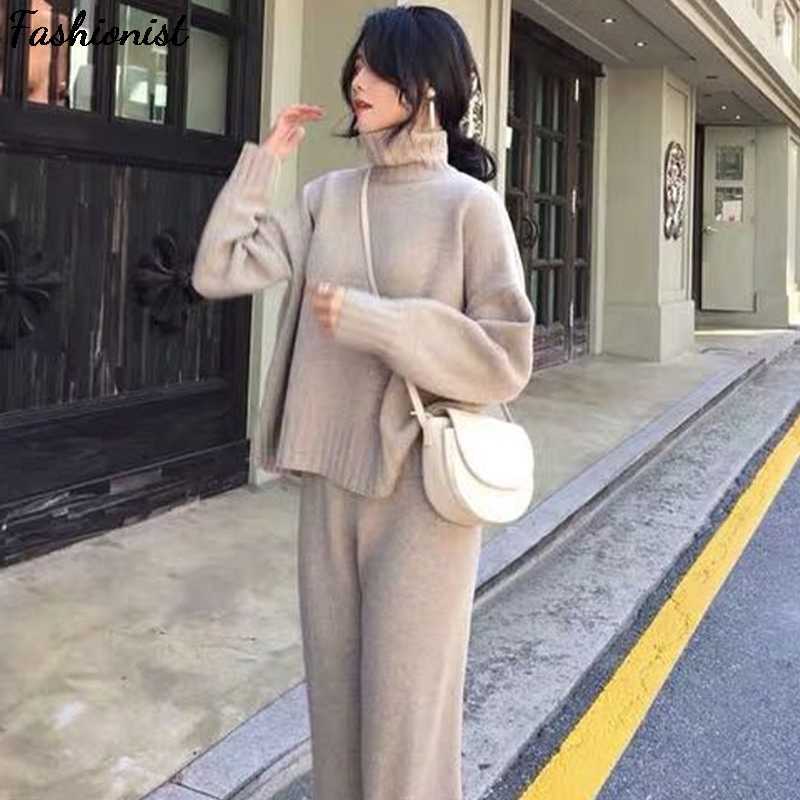 

Casual Autumn Spring Knitted Tracksuit Turtleneck Sweatshirts Women Suit Clothing 2 Piece Set Knit Pant Female Pants Suit 210709, Navy blue