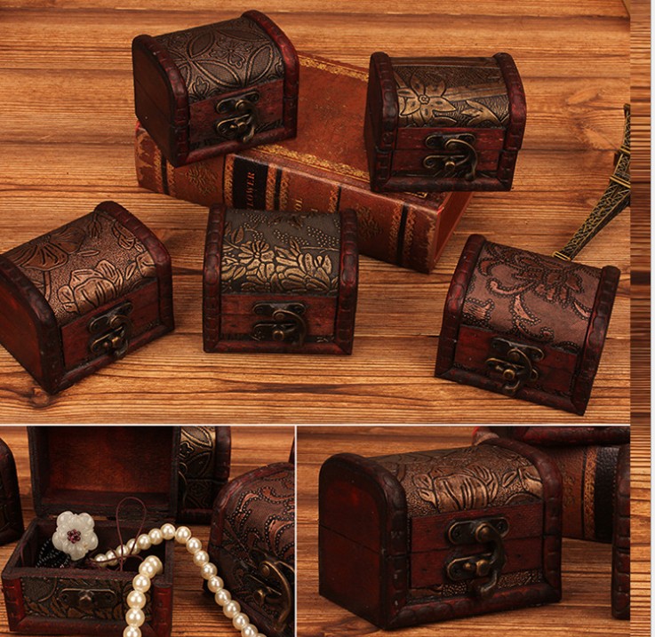 

Small Vintage Trinket Boxes Wooden Jewelry Storage Box Treasure Chest Case Home Craft Decor Randomly Pattern
