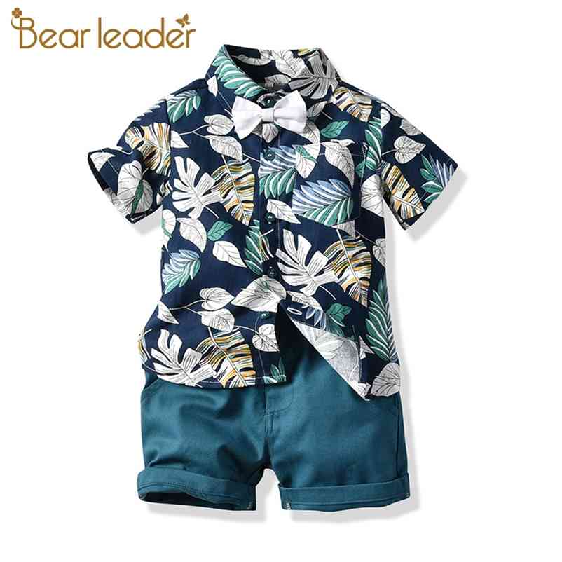 

Summer Toddler Baby Kid Boy 2PCS Outifit Set Leaf Print Short T-shirt Solid Pants Suit Gentelman Clothes 210429, Ah634army green