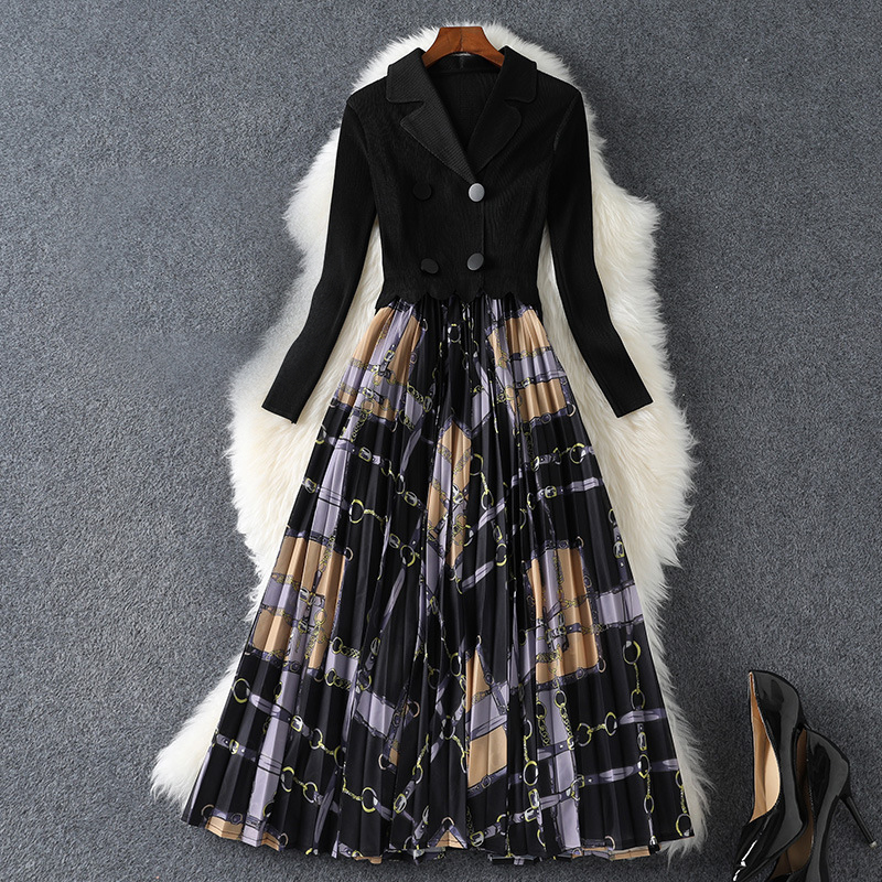 

2021 Fall Autumn Long Sleeve Notched-Lapel Black Contrast Color Chiffon Panelled Plaid Print Pleated Mid-Calf Dress Elegant Casual Dresses 21G318B413