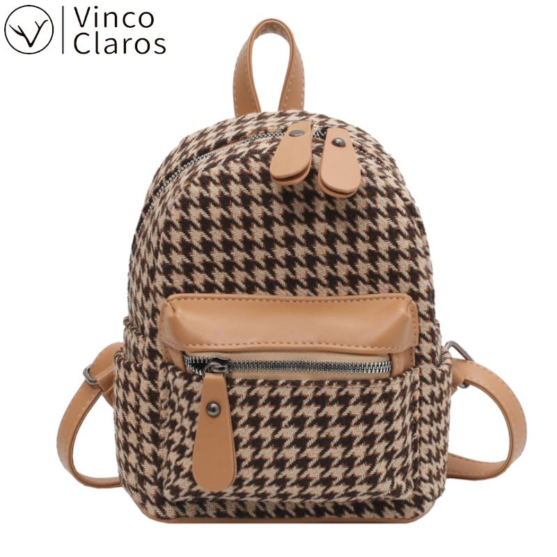 

Backpack Style Fashion Houndstooth Mini Women Small Cute Back Pack High Quality Bagpack Luxury Vintage Mochila Para Mujer Designer Bag, Khaki