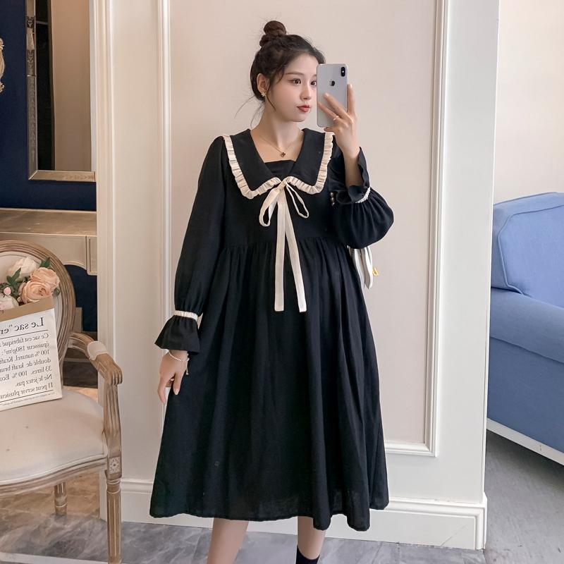 

Maternity Dresses 5515# Dress Long Sleeves Turn Down Collar Midi Plus Size Pregnancy Large Pregnant Woman Mom, Black