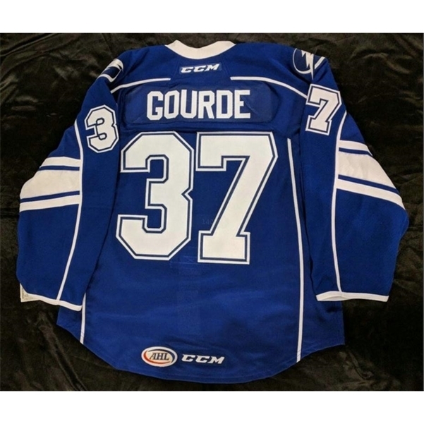 

001Custom Men Youth women Vintage Customize AHL Syracuse Crunch 37 Yanni Gourde Road Hockey Jersey Size S-5XL or custom any name or number, Blue men s-5xl
