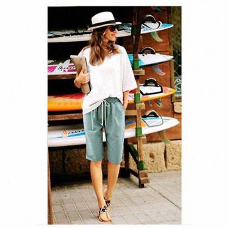 Women's Lightweight Basic Baggy Shorts Drawstring Pocket Pants Work Beach Micro-elastic Solid Color Mid Waist Loose Light Blue Pink ArmyGree
