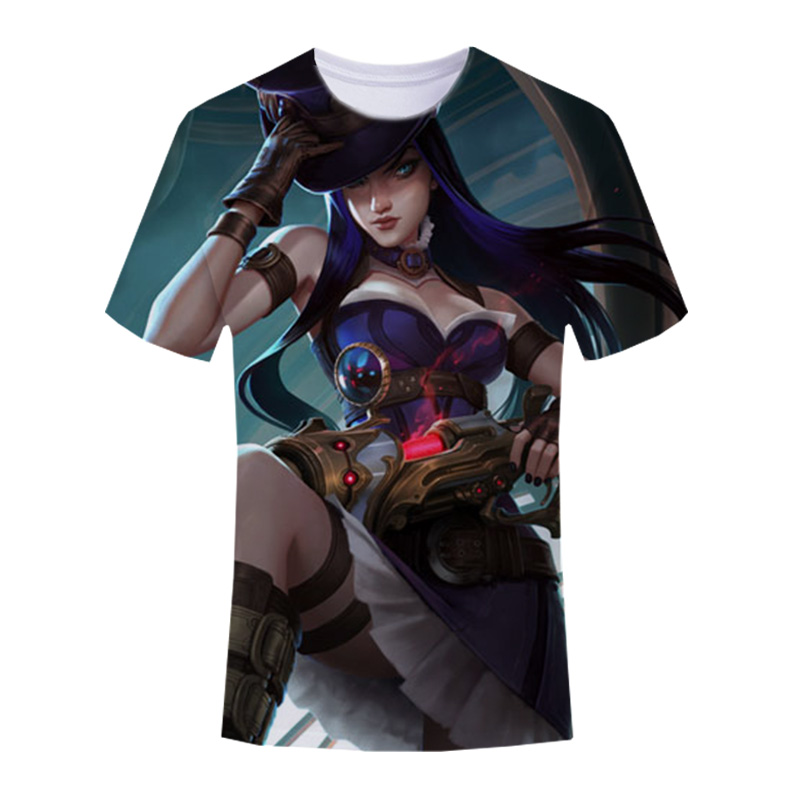 

2021 game T-shirt LOL hero policewoman pattern 3D printing T-shirt men and women casual O-neck street casual loose fashion hip-hop top, White;black
