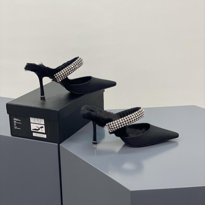 

Slippers Women Shoes Pointed Toe Super High Heels Genuine Leather Plush Shallow Rhinestone Crystal Zapatos De Mujer, As pic