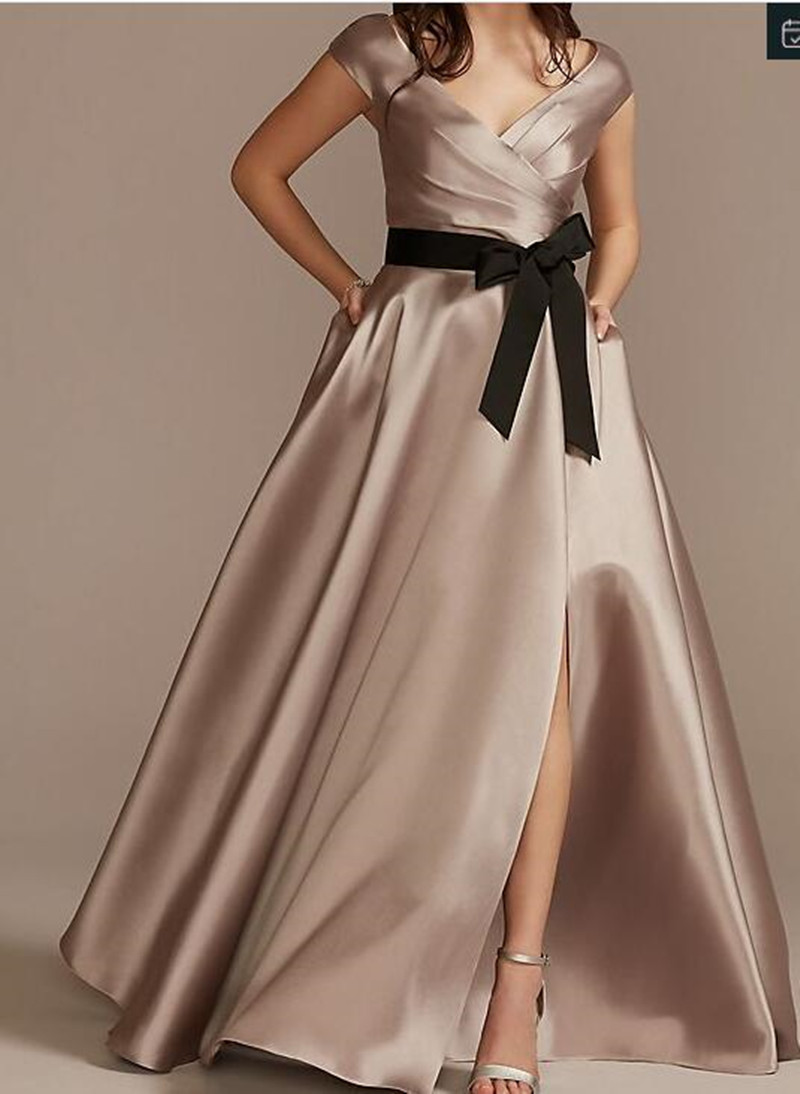 

Satin Mother Bridal Dresses V Neck A Line Long Dress Wedding Draped Women's Plus Size Dress
