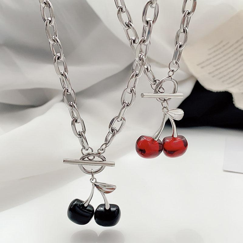 

Ins Punk Resin Red Black Cherry Pendant Necklace For Women Girl Chunky Link Chain Fruit Choker Necklaces Chokers