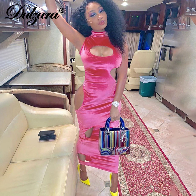 

velvet women solid sleeveless midi dress hollow out bodycon slim party club streetwear 2021 spring summer, Black;gray