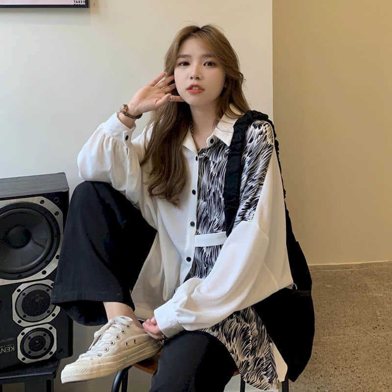 

Spring Autumn Tops Korean design niche loose shirt women's contrast color mid-length long-sleeved high street top 210526, White