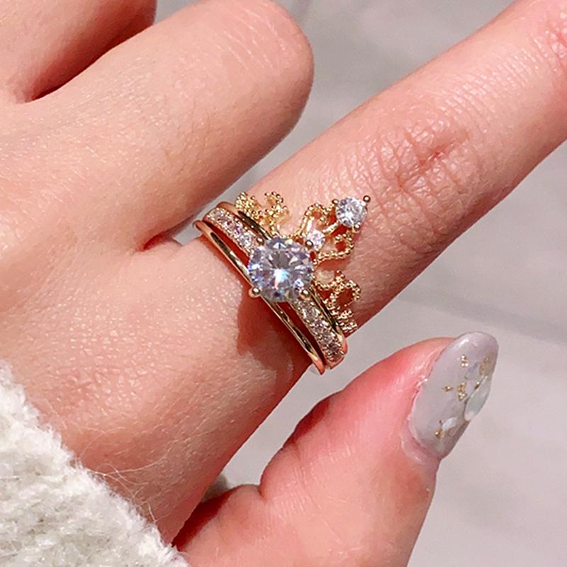 

Cluster Rings Charming 14K Real Gold Crown Opening For Women Adjustable Design Beautiful Jewelry Shiny Zircon Wedding Party Gift