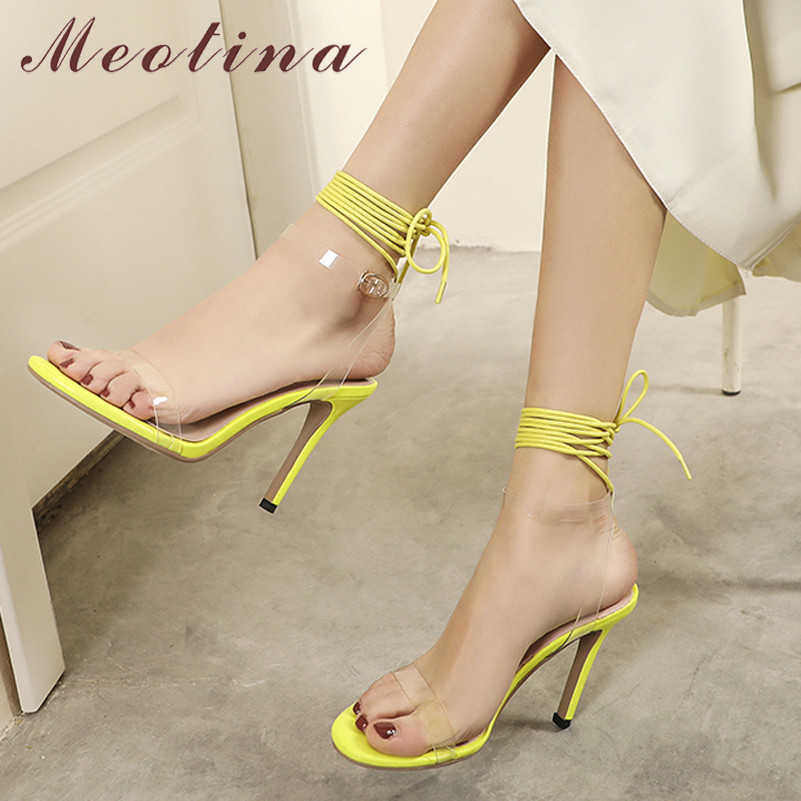 

Meotina Cross-Strap Super High Heel Sandals Thin Heels Transparent Women Shoes Summer Fashion Party Sandals Lady Yellow Size 210608