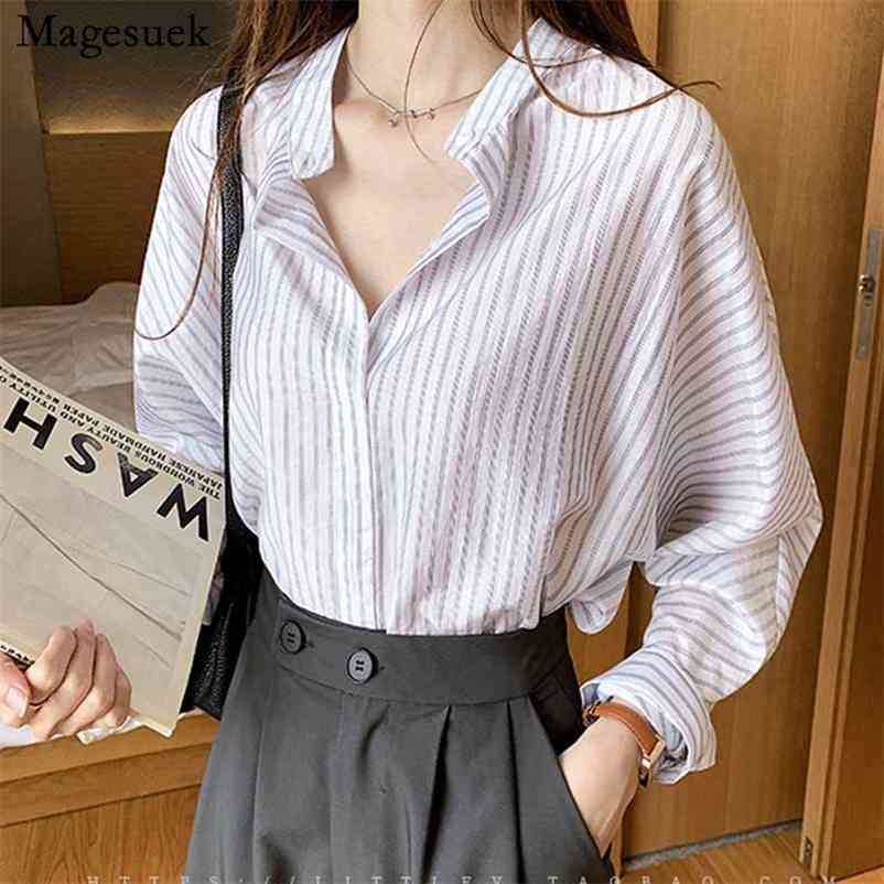 

Office Lady Thin Sunscreen Shirts and Blouses Fashion Striped Women Summer Long Sleeve Tops 11391 210518, White