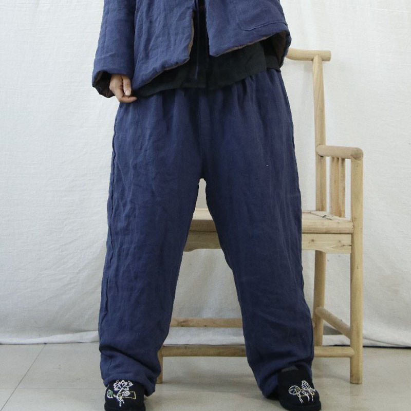 

Johnature Winter Full Length Cotton Linen Elastic Waist Thicken Straight Pants Loose Comfortable All-match Women Pants 210521, Blue