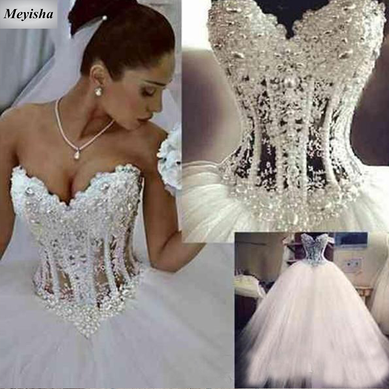 

ZJ9010 2021 Wedding Dresses Sweetheart Floor Length Princess Bridal Gowns Beaded Lace Pearls Tulle Custom Made, White