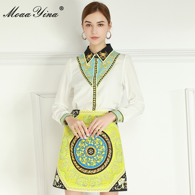 

Spring Fashion Designer Set Women Turn-down collar White Shirt Tops+Vintage Print Skirt Elegant Two-piece Suit 210524, Multi
