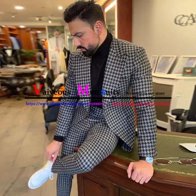 

Men's Suits & Blazers Smoking Hombre Houndstooth Casual Business Mens Suit Slim Fit Blazer Wedding Party Groom Wear Tuxedo 2 Piece Set Terno, Gray