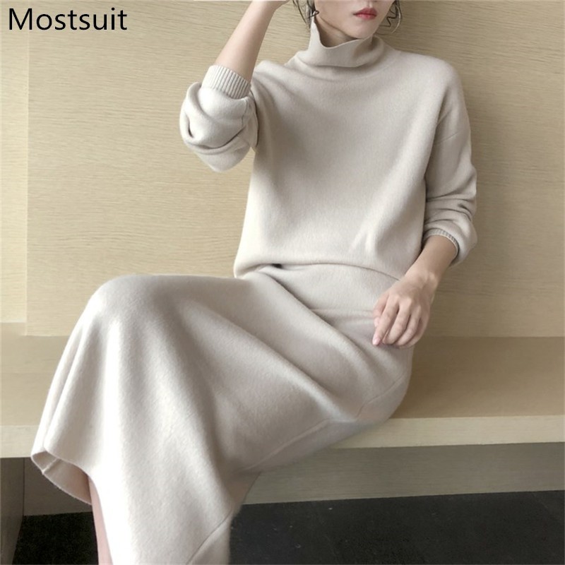 

Fashion Knitted Women Skirt Set Winter Turtleneck Sweater + High Waist Long Suits Elegant Korean Ladies 2 Pcs Outfits 210518, Wine red