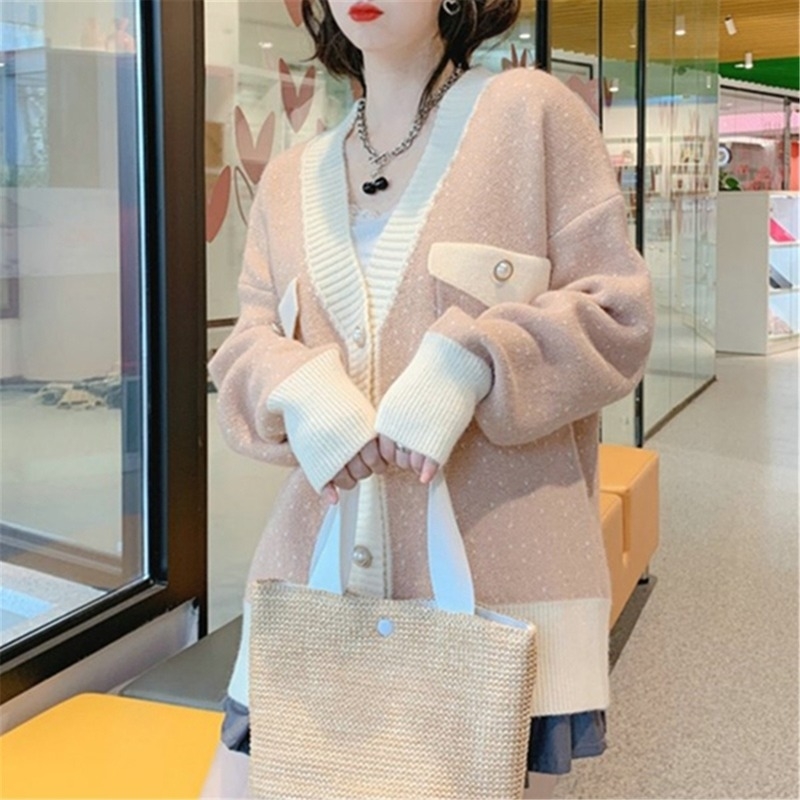 

Autumn Winter Knitted Sweaters Cardigans Women Korean Thick Panelled Cardigan Coat Loose Outwear Ladies Sweet Jacket 210603, Pink