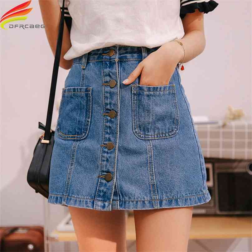 

Denim Skirt High Waist A-line Mini Women Summer Arrivals Single Button Pockets Blue Jean Style Saia Jeans 210629