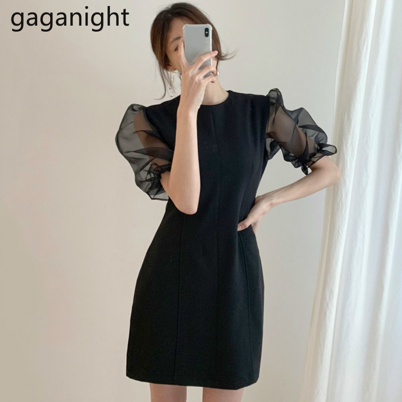 

Gaganight Lady Sexy Slim Black Dress O Neck Midi Length Chiffon Vestido Patchwork Mesh Puff Sleeve Women Elegant Dresses Summer 210519