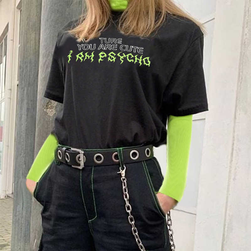 

Fall Fake Two Piece European Hip Hop Print Casual Women's Turtleneck Loose Streetwear Vintage Punk Tee Tops Ins Letter T-Shirt 210608, Black