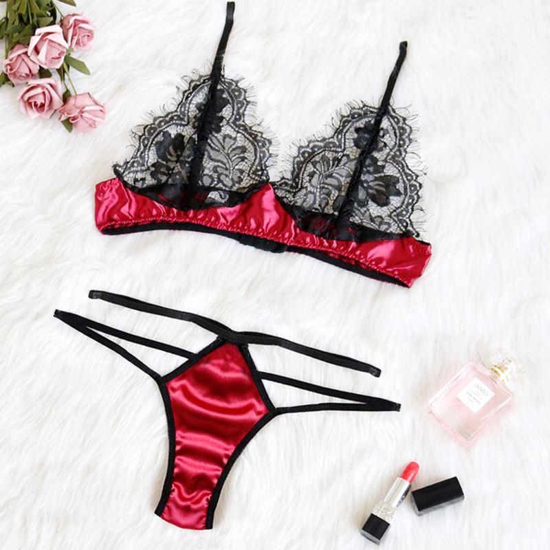 Ensembles de soutiens-gorge érotiques femmes ensemble de Lingerie Sexy maille dentelle florale transparent ajouré trois points sous-vêtements Por