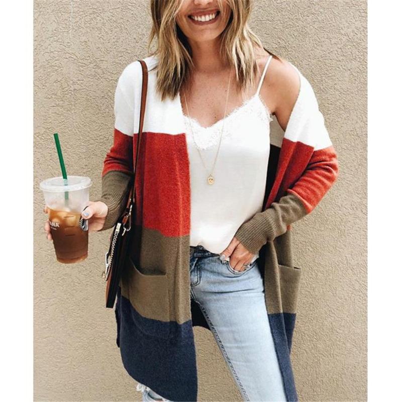 

Women's Knits & Tees Women Spring Autumn Coat Knitted Loose Long Sleeve Side Pocket Contrast Cardigan Fashion Casual Patchwork Tops Daily To, White
