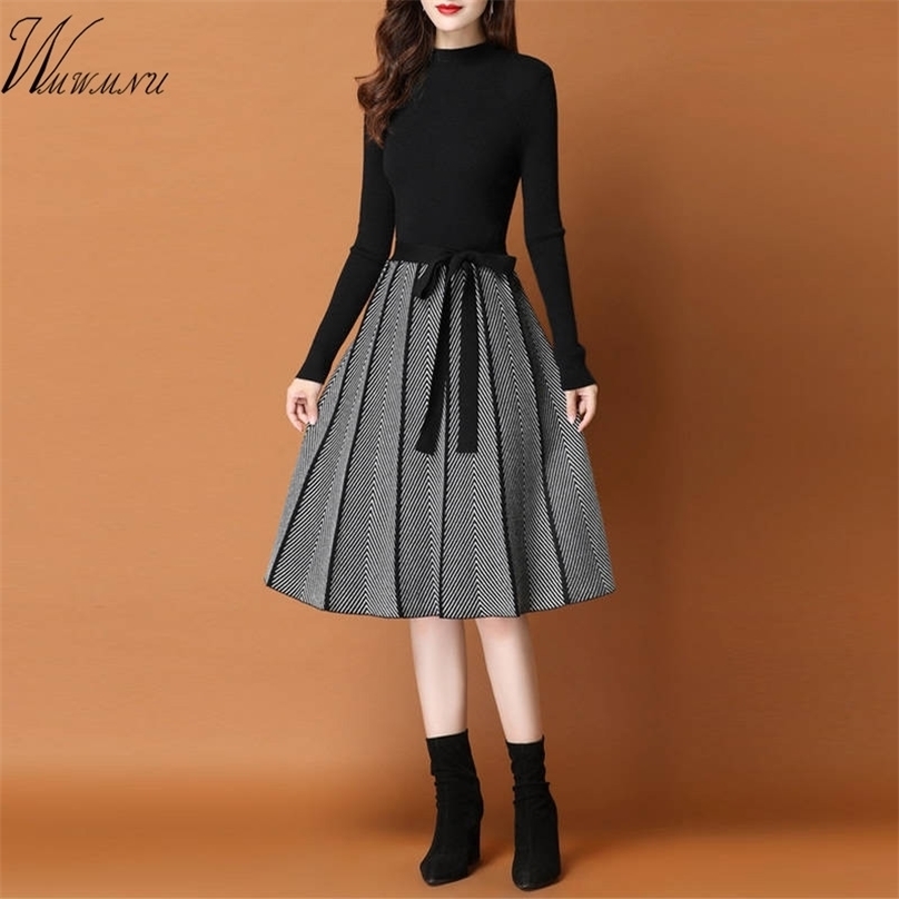 

Elegant Knitted Sweater pleated Dress Female Autumn Winter Long Sleeve Women Office Lady Casual Midi 211109, Green