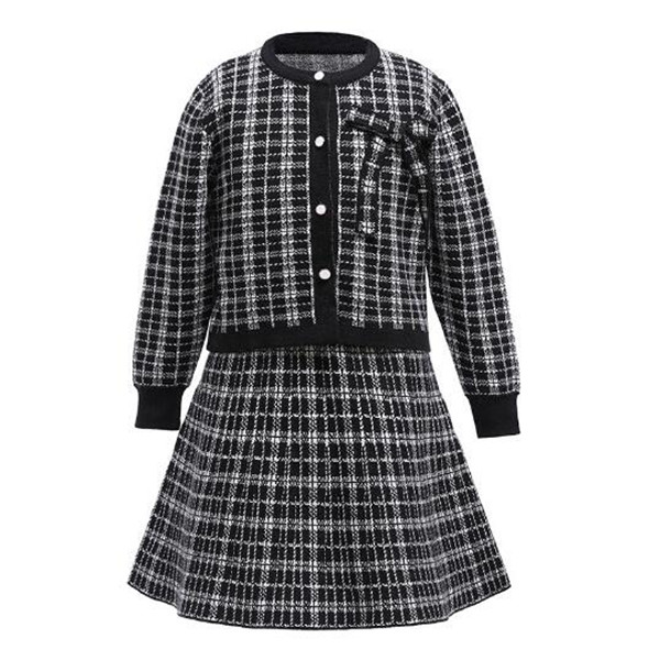 

Fashion Girls Sets long sleeve Coat+vest Dress 2 Piece Suit 2022 Spring Autumn New Lattice Women Kids Clother High Quality Childen's Clothing, Black