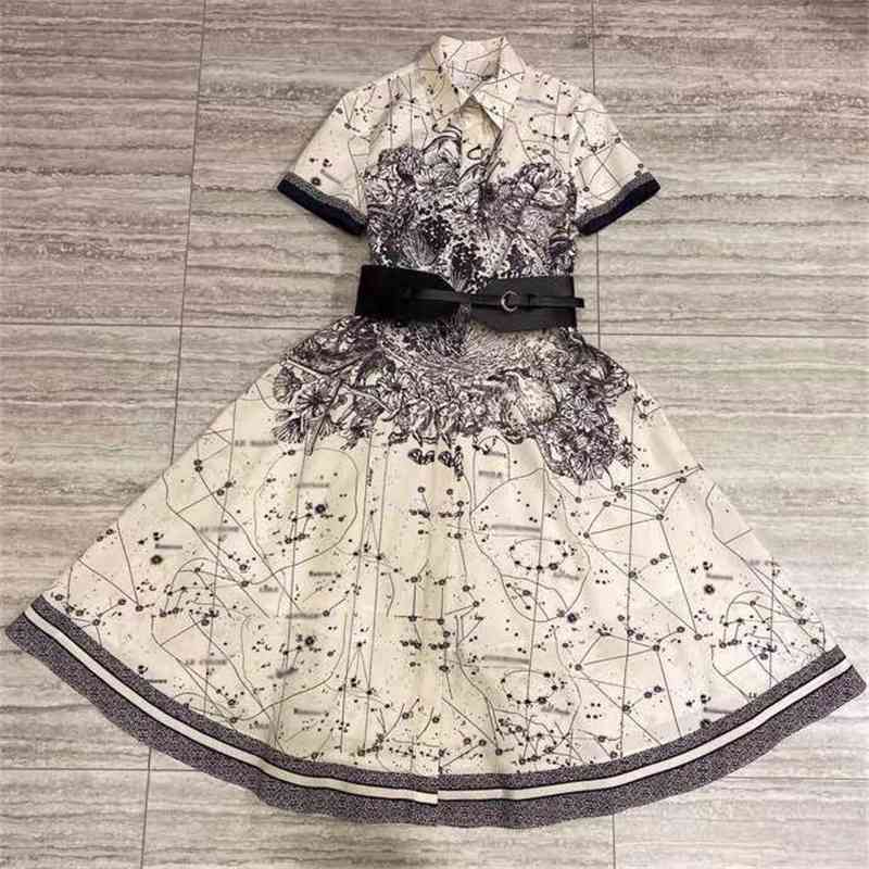 

Banulin Fashion Women Summer Runway Shirt Dress Female Short Sleeve Vintage Letter Floral Pu Belt Midi 210603, Apricot