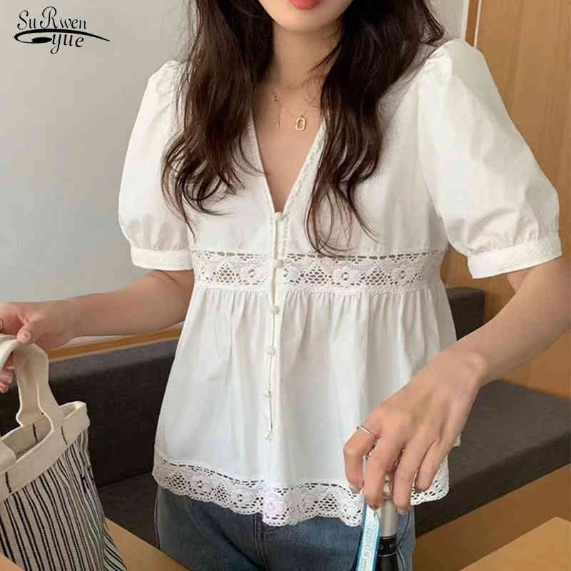 

Summer Short Sleeve Women Tops Korean V-Neck Hollow Out Woman Blouses Lace Stitching Loose Solid Female Shirt Blusas 14244 210521, Blue