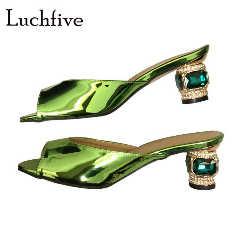 

Slippers Jeweled Strange Heels Women Genuine Leather Sexy Peep Toe Runaway Female Shoes Green Slip On Summer Woman, Black